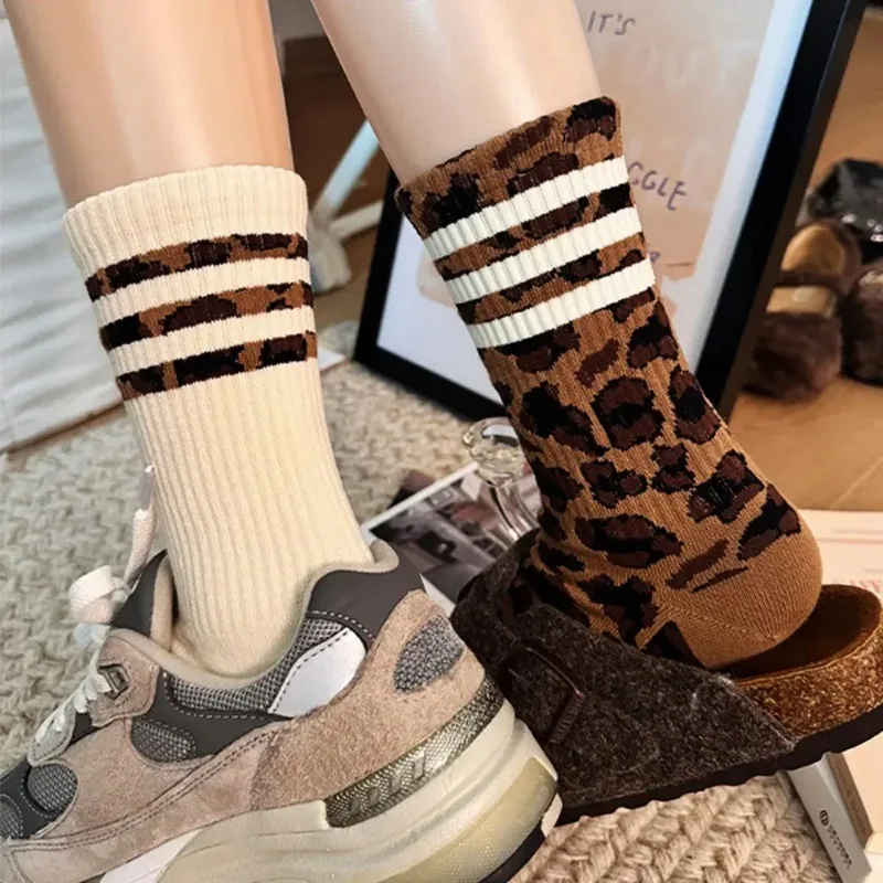 4 Pairs Women Leopard Socks Cotton Sports Y2k Student White Lolita Harajuku Girl Funny Socks thumbnail 3