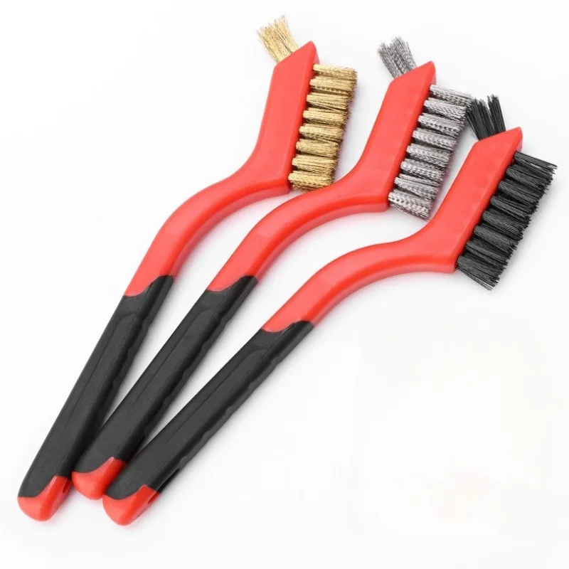 Wire Brush Set Nylon/Brass/Stainless Steel Bristles with Curved Handle Grip for Rust, Dirt & Paint Scrubbing Deep Cleaning thumbnail 2