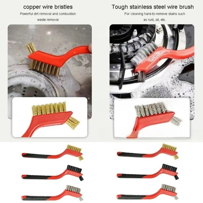 Wire Brush Set Nylon/Brass/Stainless Steel Bristles with Curved Handle Grip for Rust, Dirt & Paint Scrubbing Deep Cleaning thumbnail 4