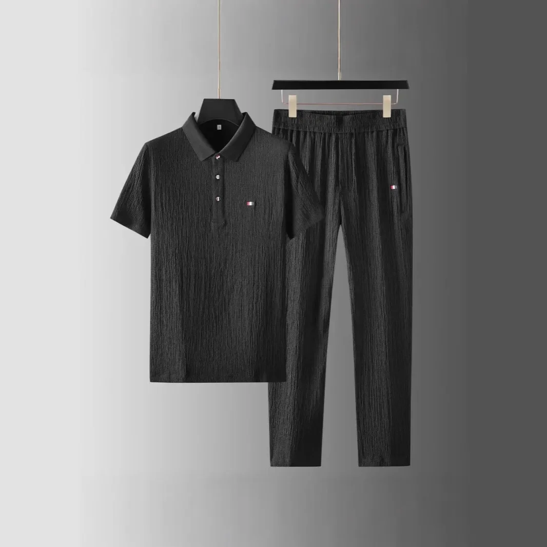 Summer Men's Casual Thin Polo Collar Two-Piece Suit Set Fashionable Flip Collar Male Clothing Full Set Integrated Ensemble
