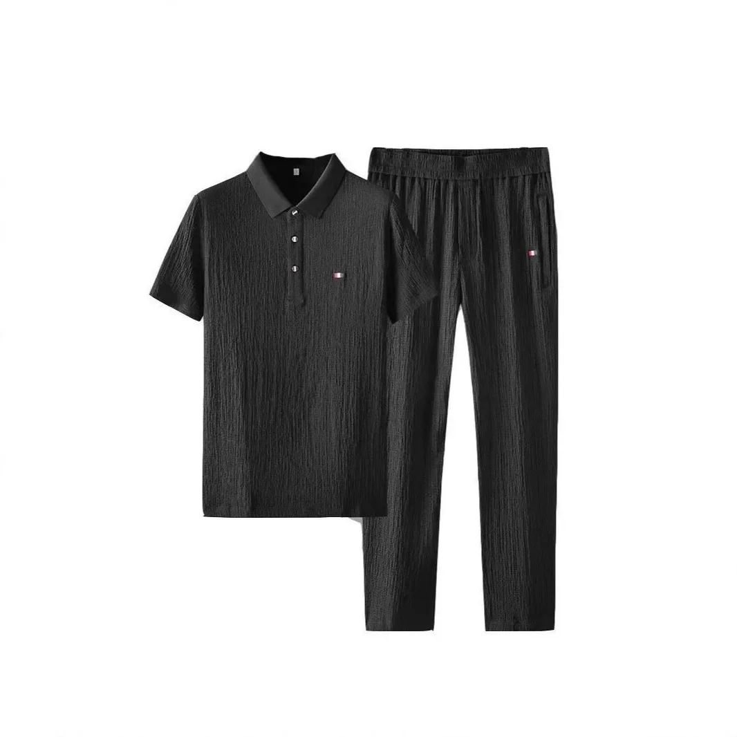 Summer Men's Casual Thin Polo Collar Two-Piece Suit Set Fashionable Flip Collar Male Clothing Full Set Integrated Ensemble thumbnail 5