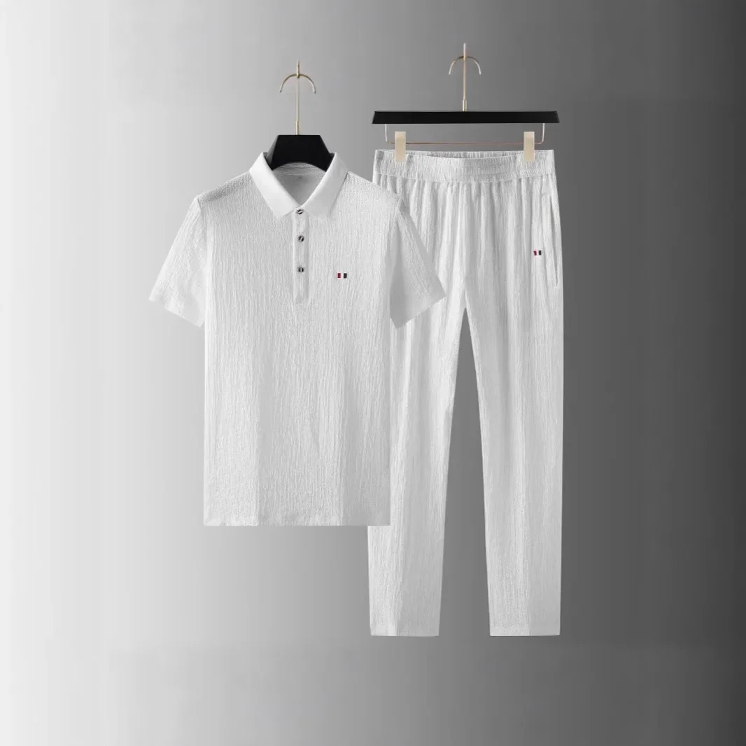 Summer Men's Casual Thin Polo Collar Two-Piece Suit Set Fashionable Flip Collar Male Clothing Full Set Integrated Ensemble thumbnail 2
