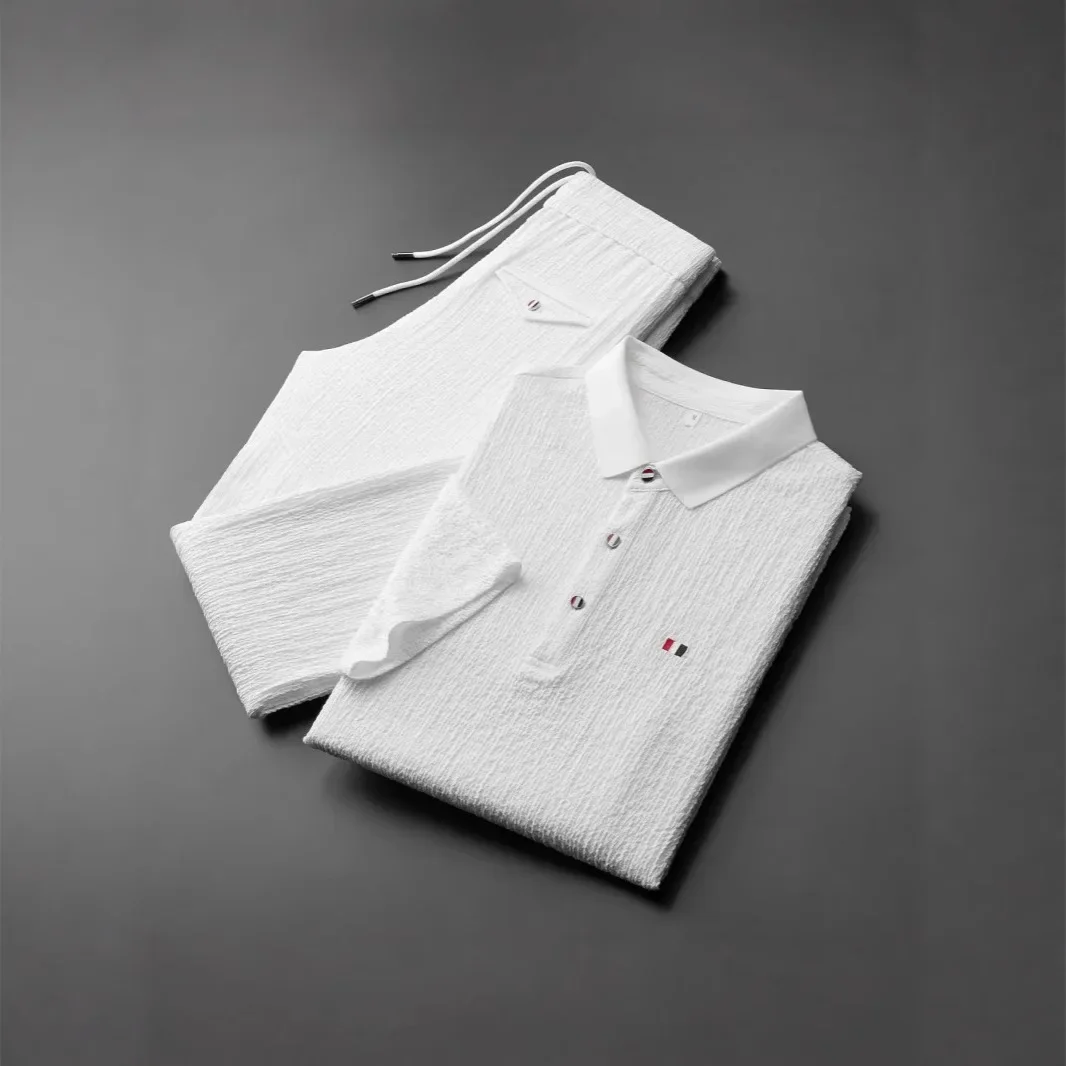 Summer Men's Casual Thin Polo Collar Two-Piece Suit Set Fashionable Flip Collar Male Clothing Full Set Integrated Ensemble thumbnail 3
