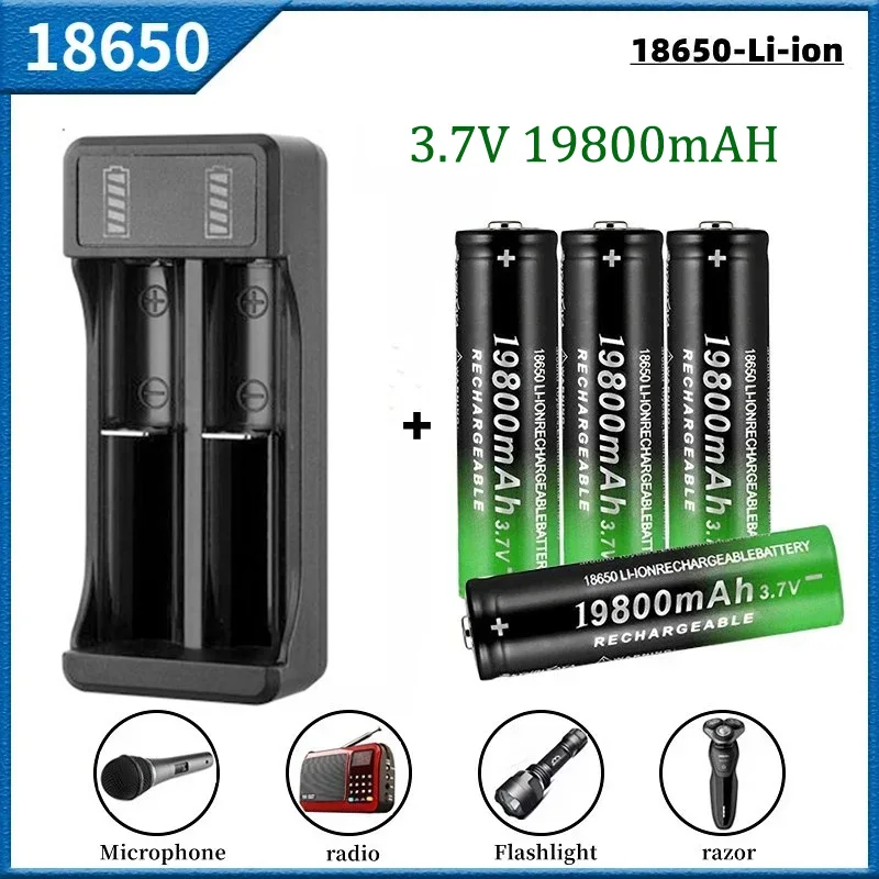 100% New 18650 Battery 3.7V 19800mAh Rechargeable Li-Ion Battery with Charger for Led Flashlight Batery Litio Battery+ Charger thumbnail 2