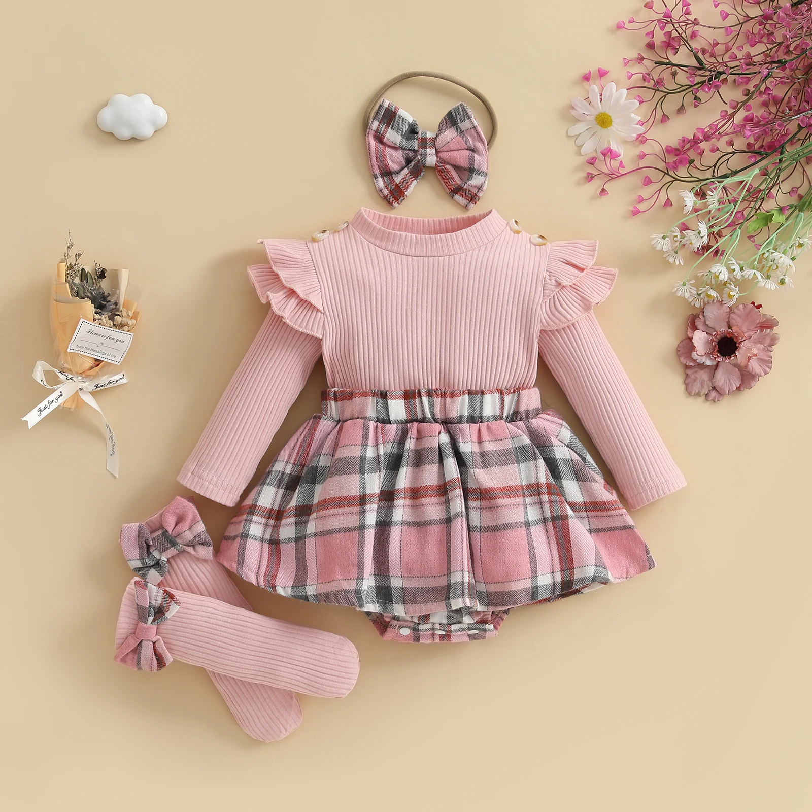 Pudcoco Baby Girl Fall Outfits Long Sleeve Plaid Print Skirt Bodysuit with Headband Socks Set Infant Clothes 0-18M thumbnail 2