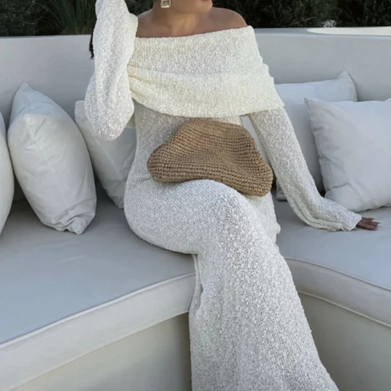 Fashion Style Knitted One-Shoulder See-Through Beachwear Cover Up Women's Beach Vacation Sunscreen Dress Elegant Long Dress thumbnail 2