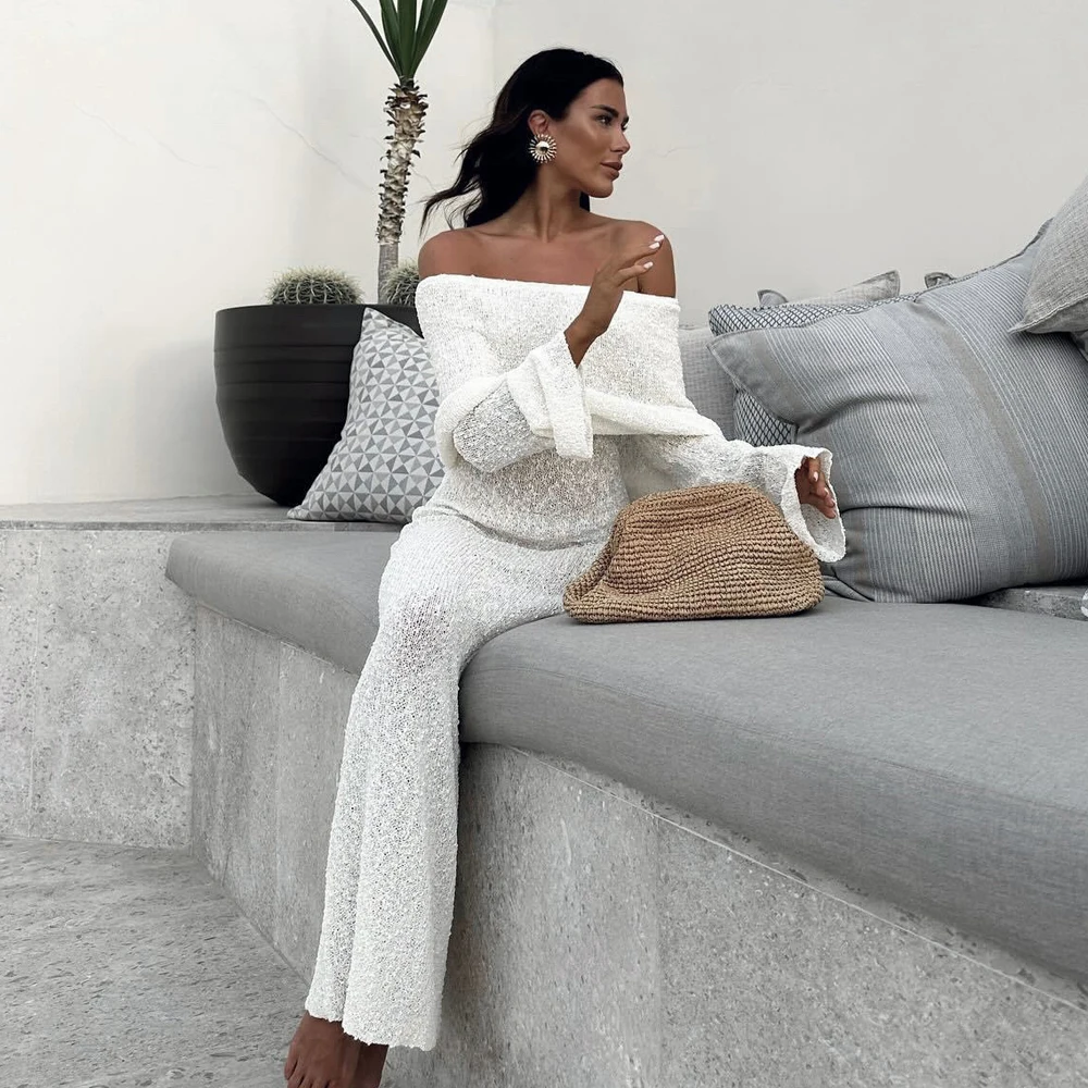 Fashion Style Knitted One-Shoulder See-Through Beachwear Cover Up Women's Beach Vacation Sunscreen Dress Elegant Long Dress thumbnail 5