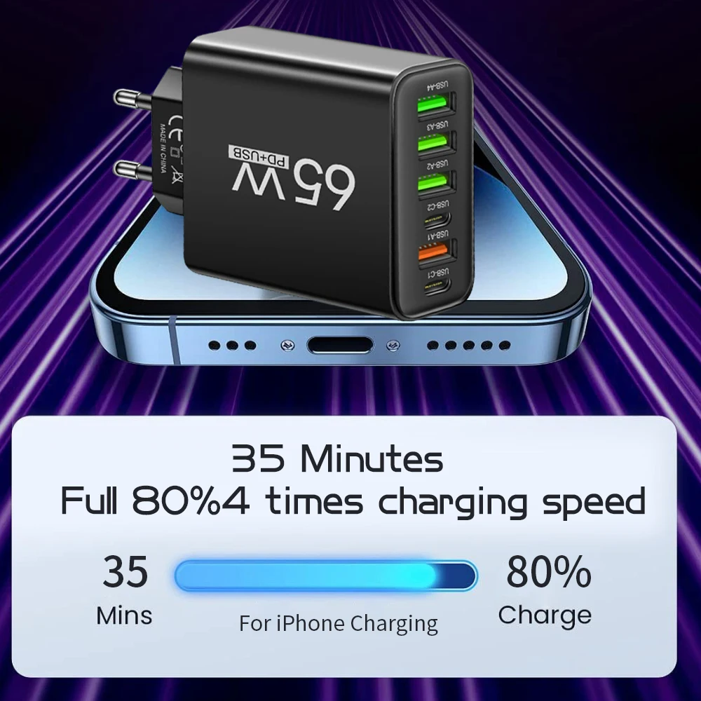 Multi Ports 65W USB Charger Fast Charging Type C Phone Charger Adapter For iPhone Samsung Xiaomi Huawei EU/US Plug Wall Charger thumbnail 6