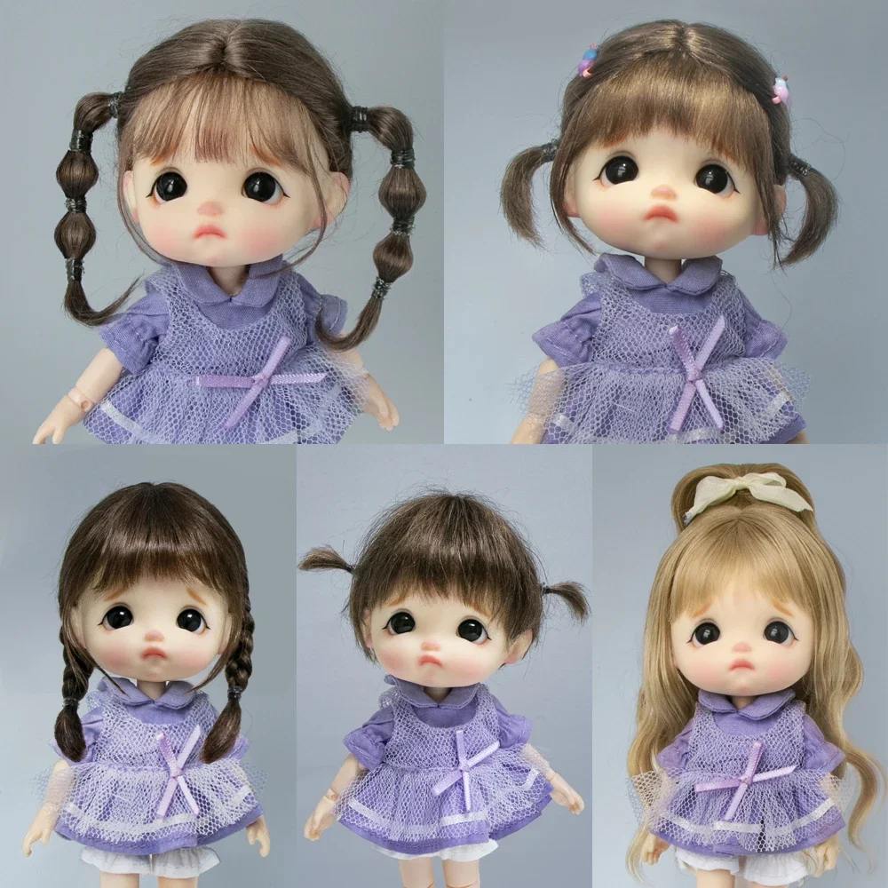 Ponytail hair student hair bun cute braided bangs half-tied mohair soft wig updo For Ob11 1/8 1/12 BJD Doll Accessories 5-6inch thumbnail 3
