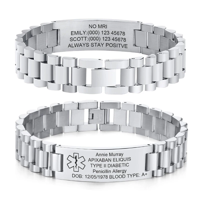 Custom Medical ID Bracelet Medilert Bracelets for Men Women Engraving Stainless Steel Medic ID Bracelet Wristband for Dad Mom