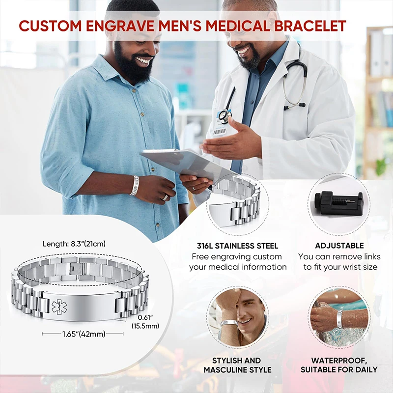 Custom Medical ID Bracelet Medilert Bracelets for Men Women Engraving Stainless Steel Medic ID Bracelet Wristband for Dad Mom thumbnail 5