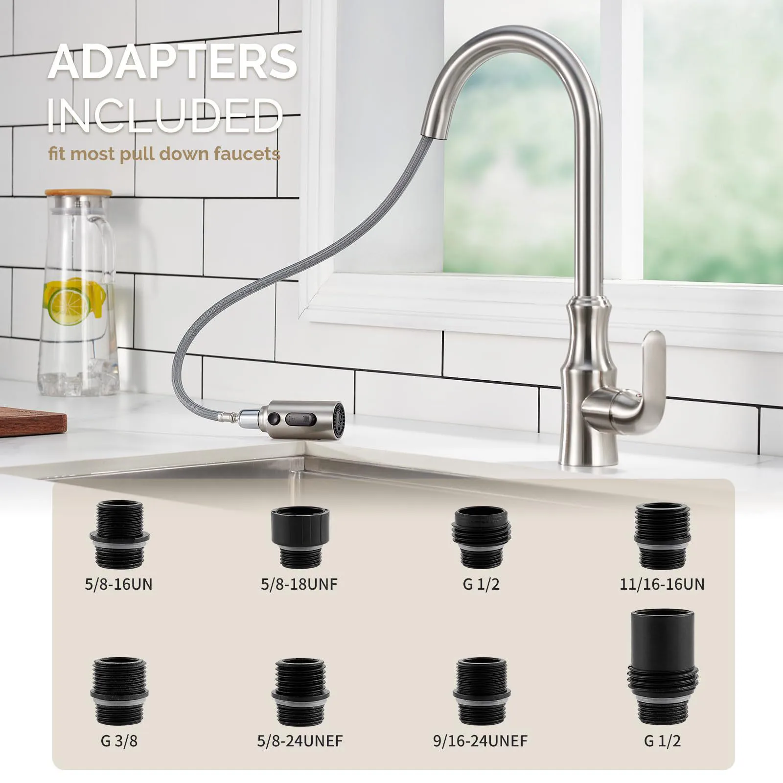 Kitchen Faucet Head Replacement, Premium 3 Function Pull Down Spray Head With 9 Adapters, Kitchen Sink Faucet Head Compatible thumbnail 3