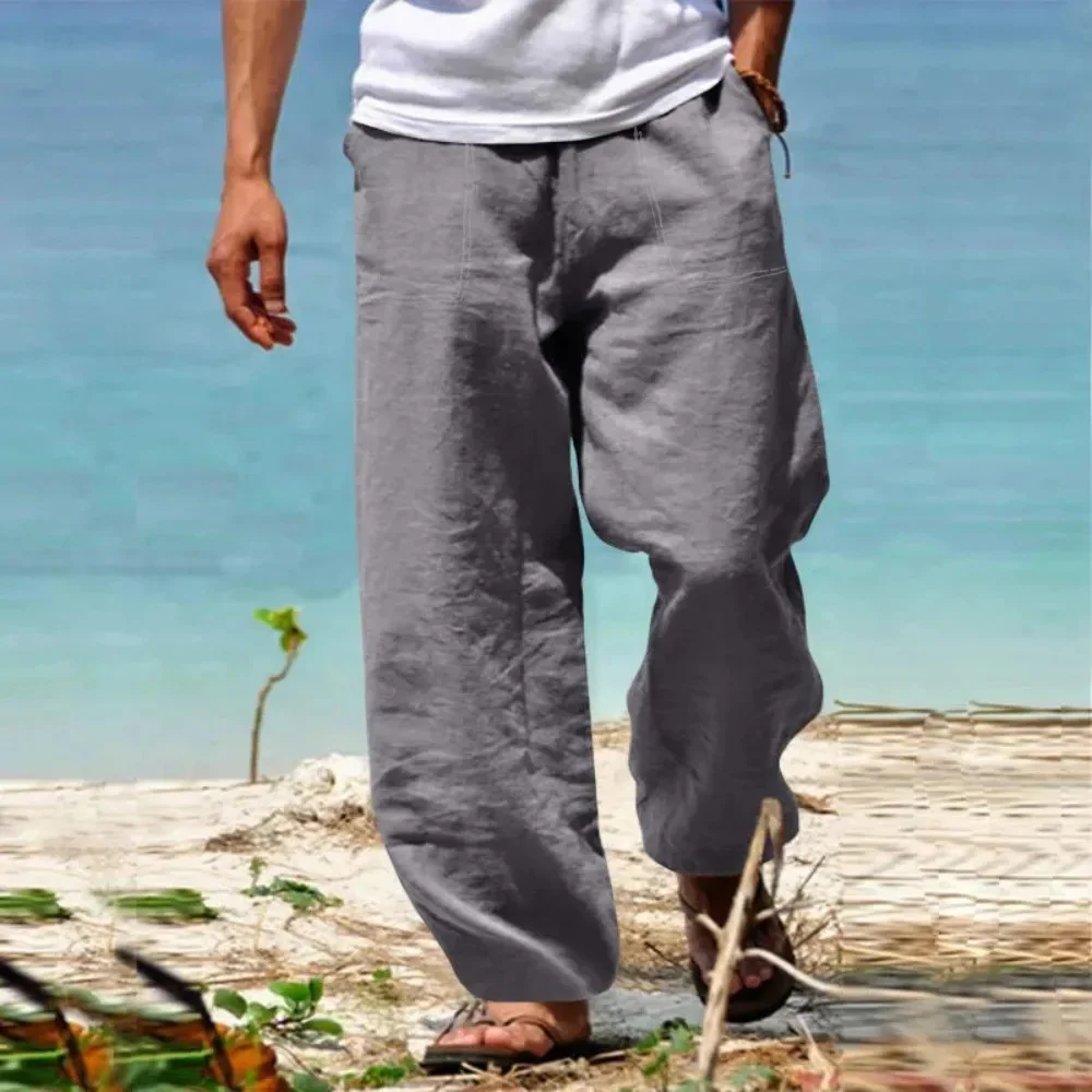 Men's Linen Cotton Pants Straight Leg Breathable Lightweight Beach Style Cozy Trousers Casual Spring Summer Pants thumbnail 3