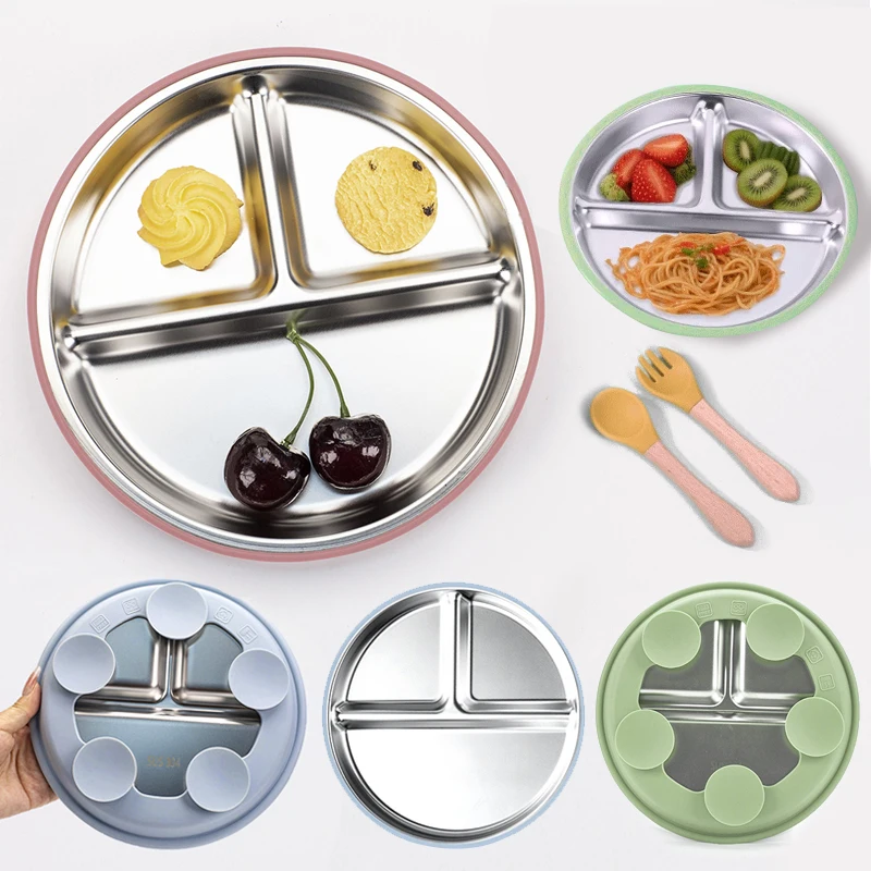 New Kids Tableware - 304 Stainless Steel Divided Plate with Silicone Suction Base for Babies