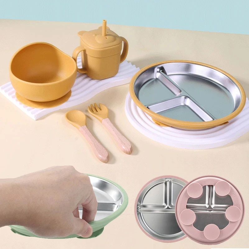 New Kids Tableware - 304 Stainless Steel Divided Plate with Silicone Suction Base for Babies thumbnail 4