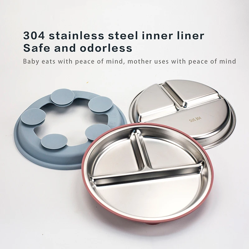 New Kids Tableware - 304 Stainless Steel Divided Plate with Silicone Suction Base for Babies thumbnail 3