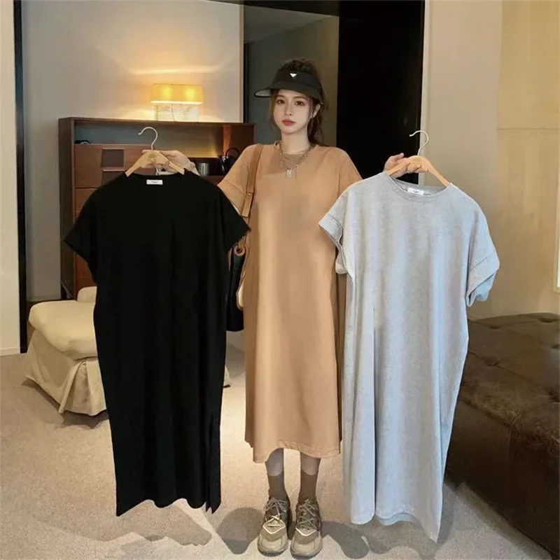Loose Casual Solid Color Comfortable Dress Loose Large Size Short Sleeved Shirt Dress Summer Home Long Dresses
