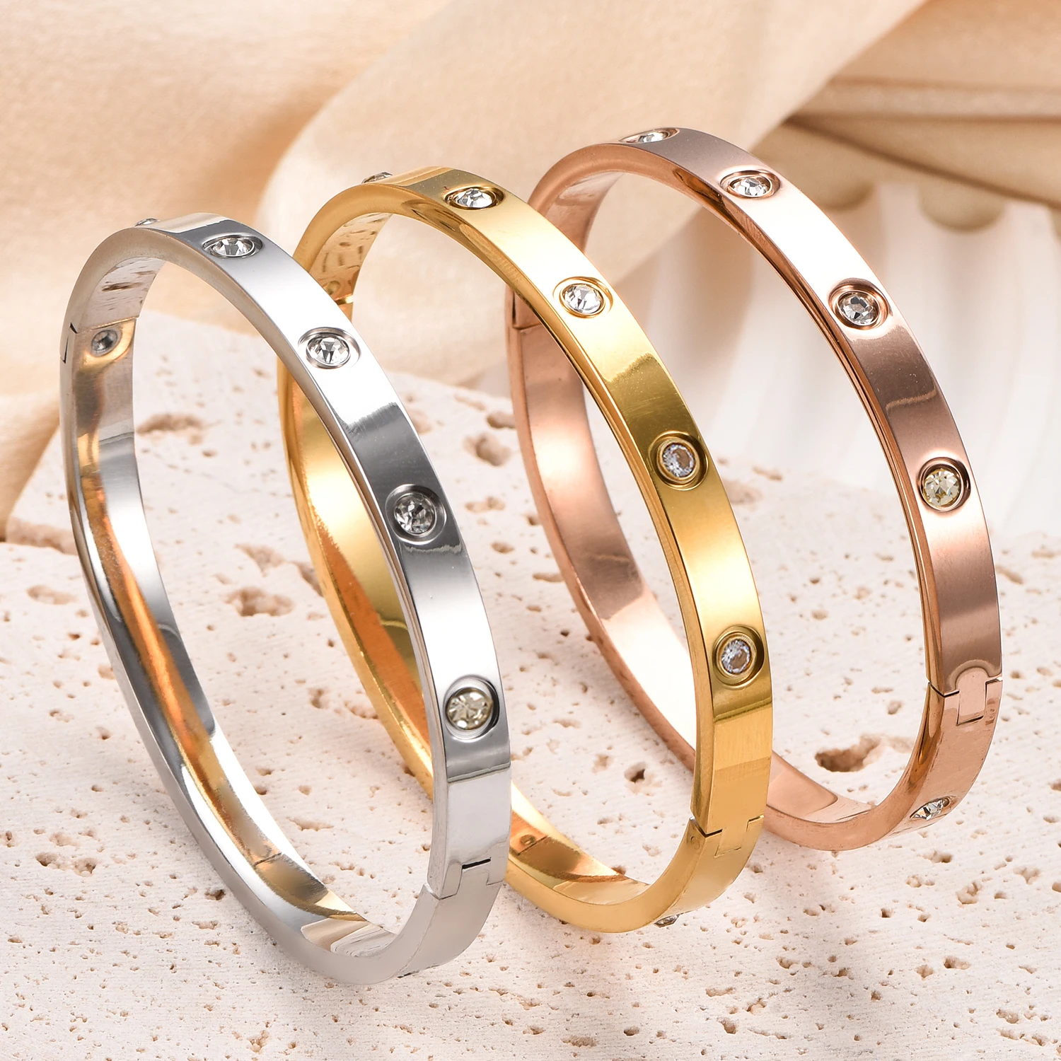 6mm Wide Exquisite Zircon Openable Bracelet for Women ,Stainless Steel Polished Bangle Bracelets,Girl Jewelry Gifts