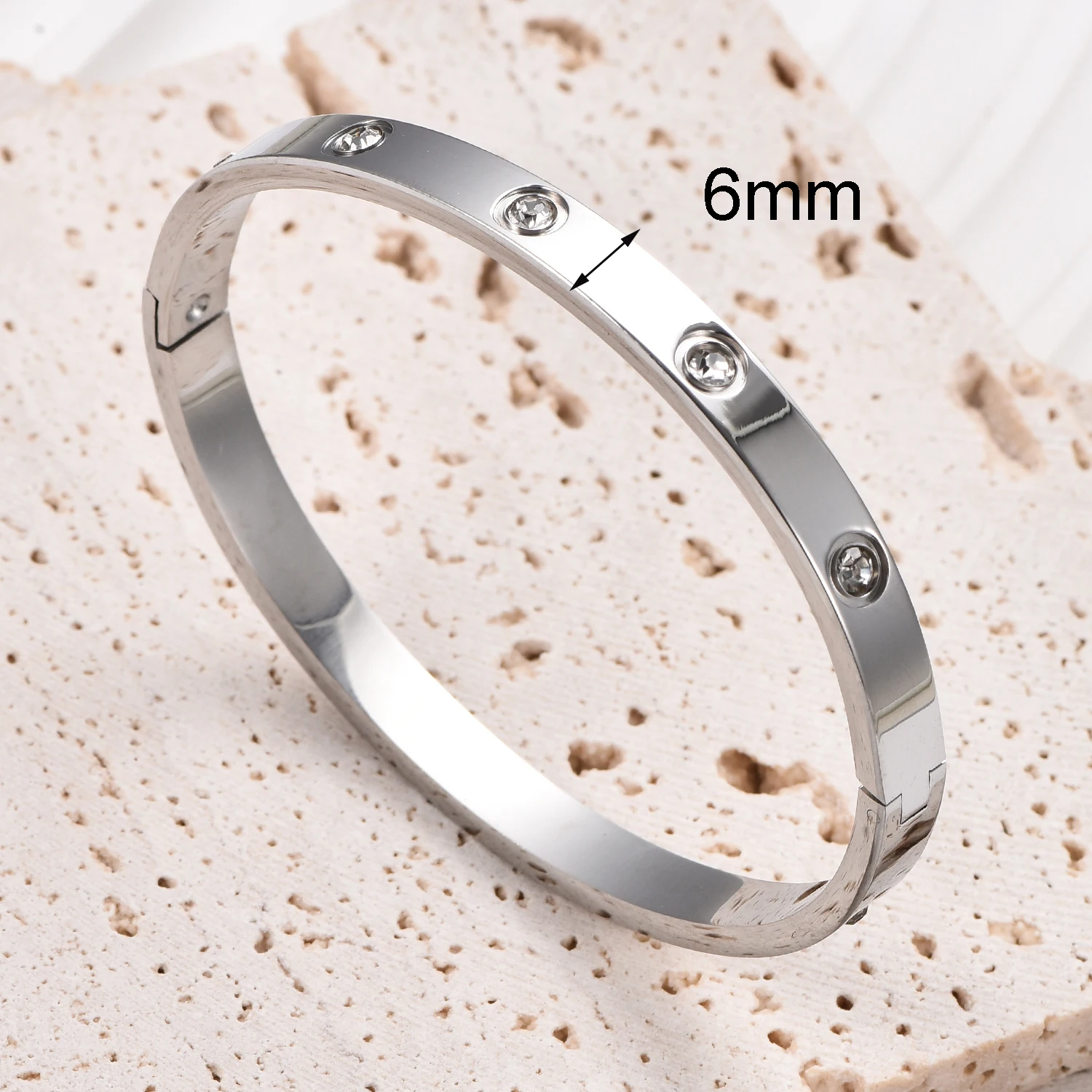 6mm Wide Exquisite Zircon Openable Bracelet for Women ,Stainless Steel Polished Bangle Bracelets,Girl Jewelry Gifts thumbnail 3
