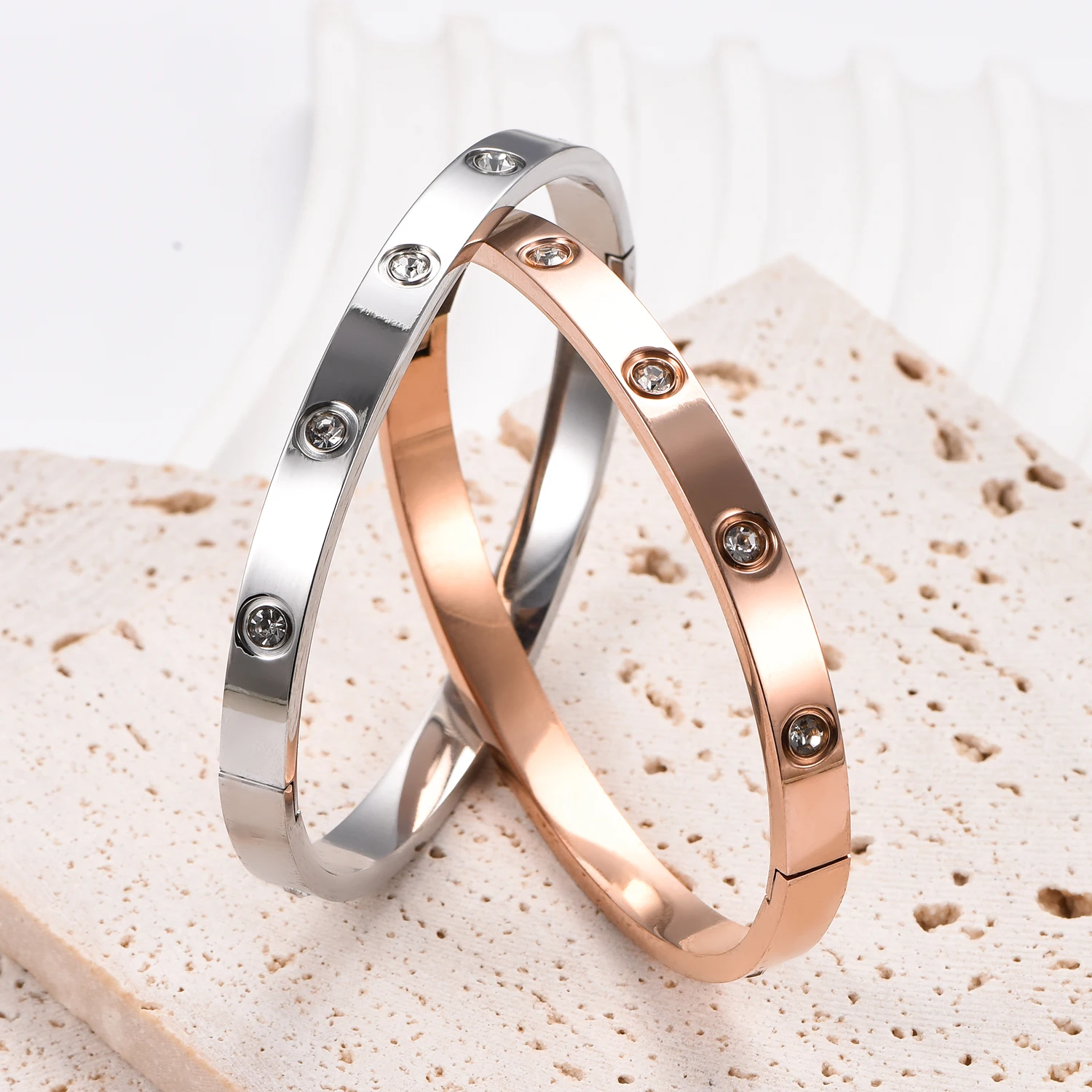 6mm Wide Exquisite Zircon Openable Bracelet for Women ,Stainless Steel Polished Bangle Bracelets,Girl Jewelry Gifts thumbnail 4