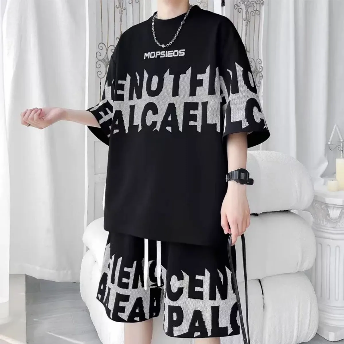 Men's fashion personality letter printed short sleeved shorts two-piece set outdoor sports breathable T-shirt set thumbnail 4