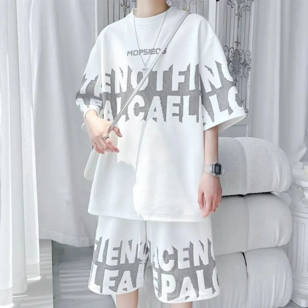Men's fashion personality letter printed short sleeved shorts two-piece set outdoor sports breathable T-shirt set thumbnail 5