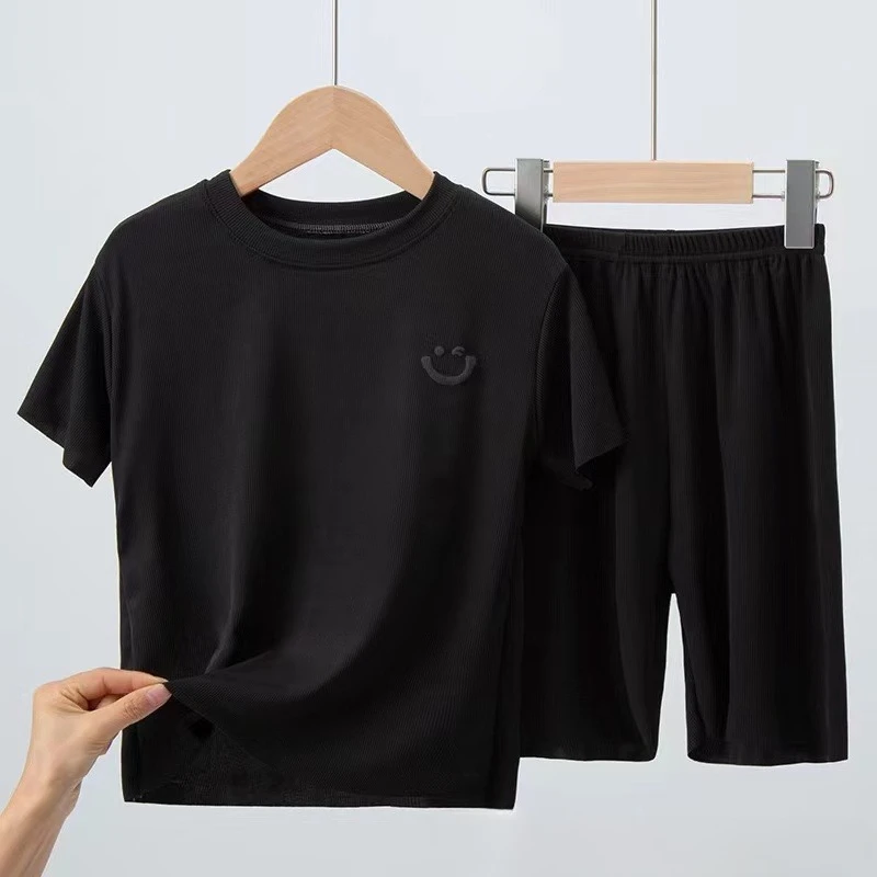 Children's ice silk pajamas, summer thin short sleeved shorts, 2-piece set of big boys and girls' home clothing set thumbnail 3