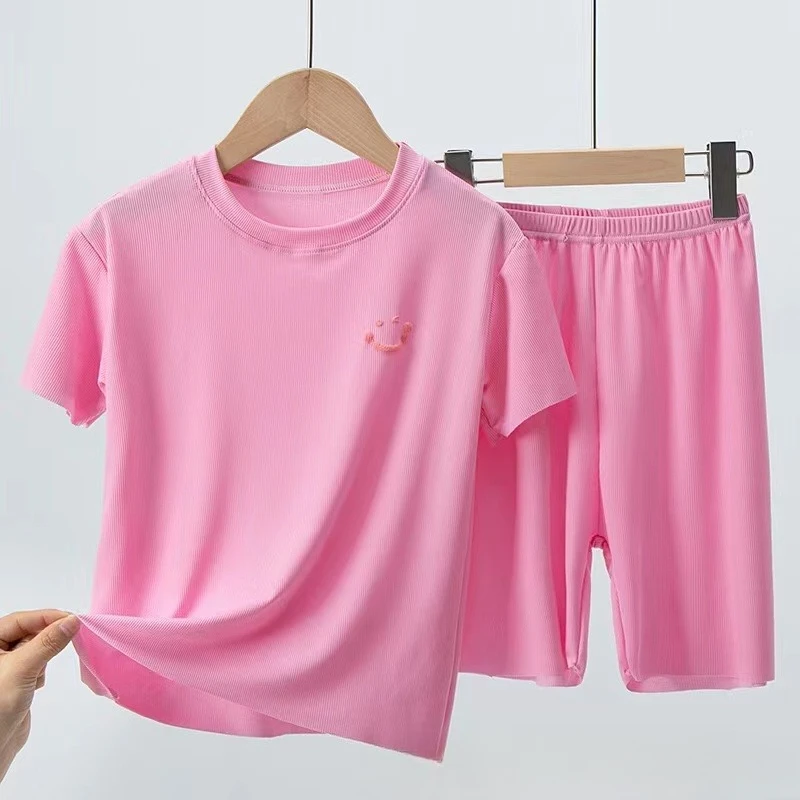 Children's ice silk pajamas, summer thin short sleeved shorts, 2-piece set of big boys and girls' home clothing set thumbnail 2