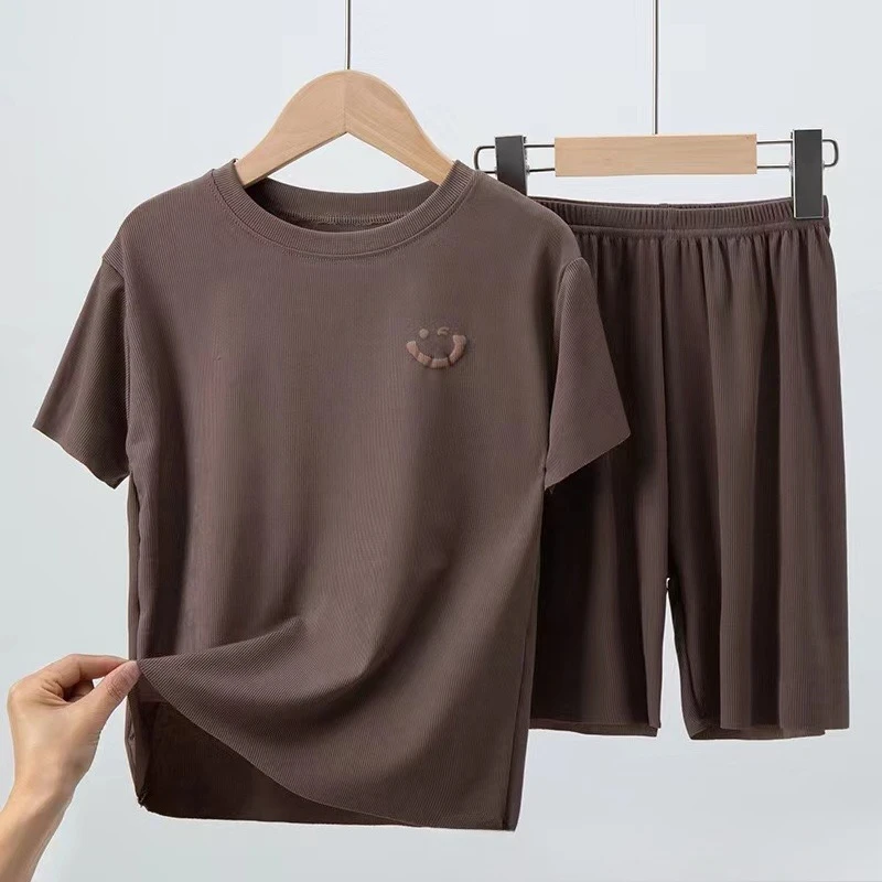 Children's ice silk pajamas, summer thin short sleeved shorts, 2-piece set of big boys and girls' home clothing set thumbnail 4