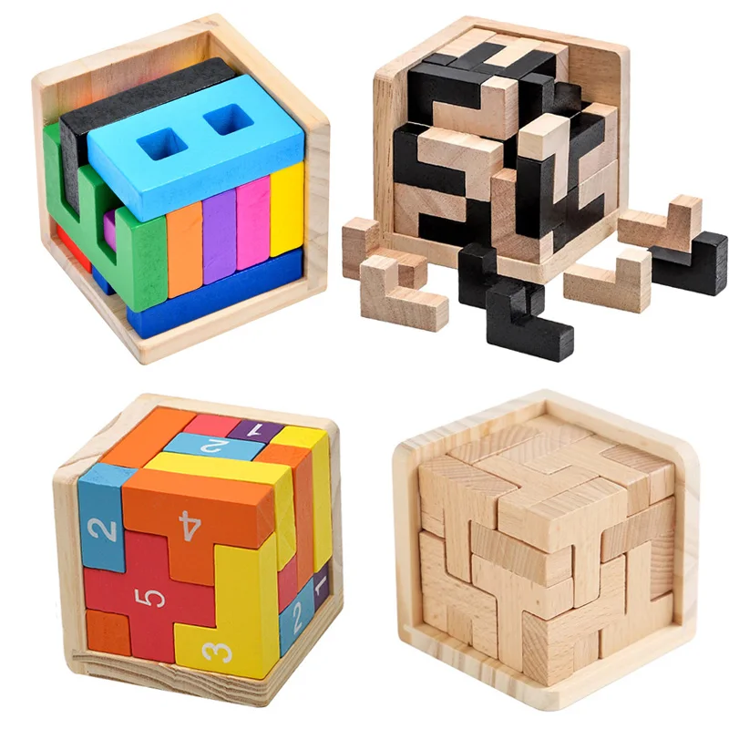 Wooden Jigsaw Logic Cube Puzzle Montessori Brain Teaser IQ Test Toys Educational Mind Problem Solving Games For Kids Adults thumbnail 2