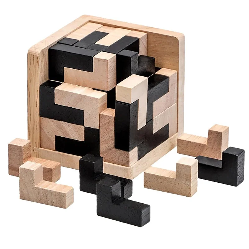 Wooden Jigsaw Logic Cube Puzzle Montessori Brain Teaser IQ Test Toys Educational Mind Problem Solving Games For Kids Adults thumbnail 5
