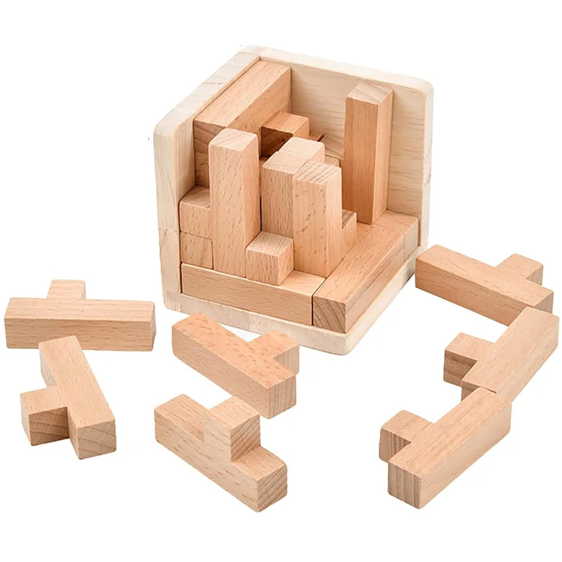 Wooden Jigsaw Logic Cube Puzzle Montessori Brain Teaser IQ Test Toys Educational Mind Problem Solving Games For Kids Adults thumbnail 4