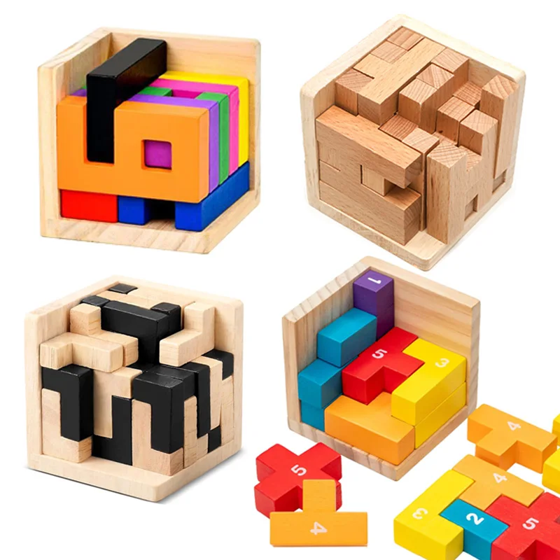Wooden Jigsaw Logic Cube Puzzle Montessori Brain Teaser IQ Test Toys Educational Mind Problem Solving Games For Kids Adults thumbnail 3