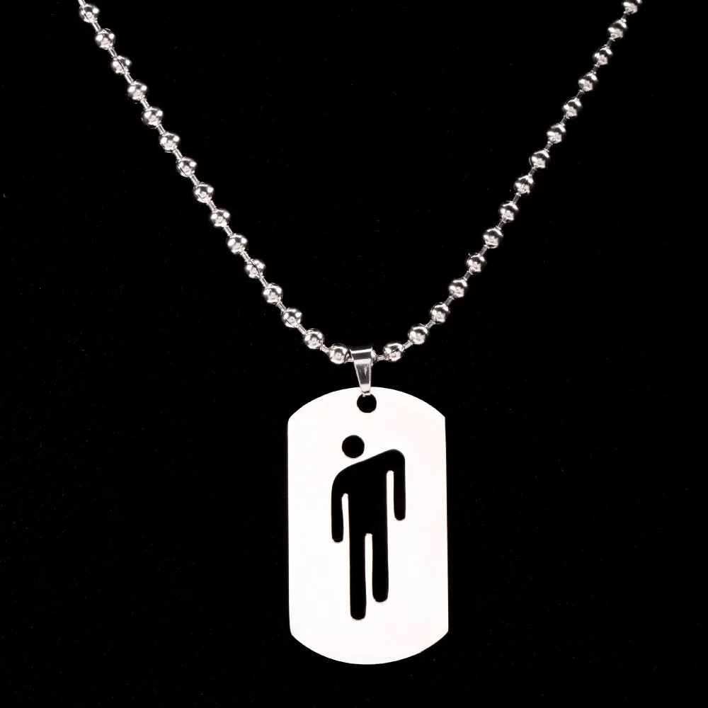 Fashion Simple Sliver Color Bead Chain Stainless Steel Square Card Little Person Pattern Pendant Necklace for Women Men Jewelry