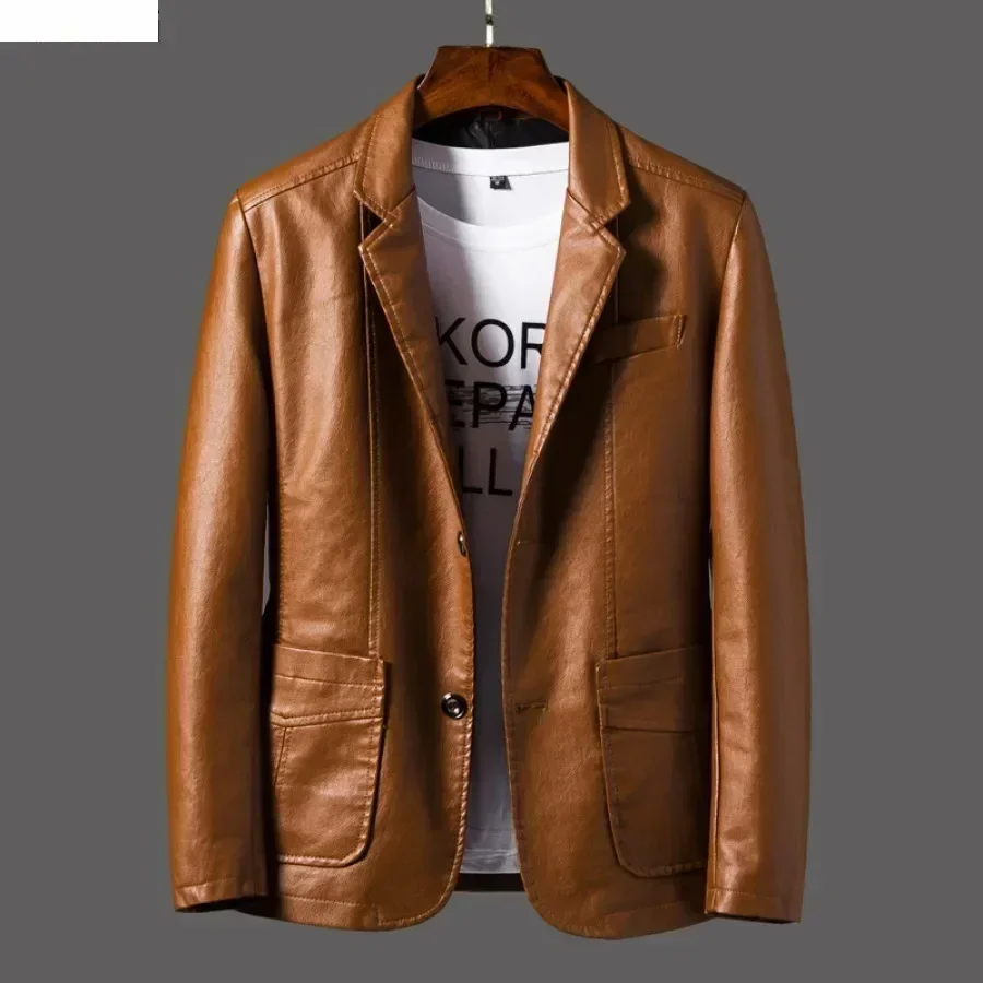 New Leather Jacket Men's Business Casual Lapel PU Leather Blazers Fashion Solid Slim Korean Style Leather Coat Big Size 6XL thumbnail 3