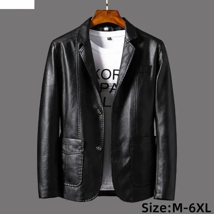 New Leather Jacket Men's Business Casual Lapel PU Leather Blazers Fashion Solid Slim Korean Style Leather Coat Big Size 6XL