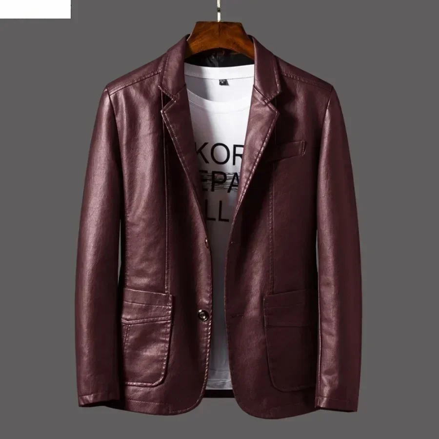 New Leather Jacket Men's Business Casual Lapel PU Leather Blazers Fashion Solid Slim Korean Style Leather Coat Big Size 6XL thumbnail 2
