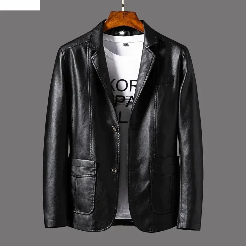 New Leather Jacket Men's Business Casual Lapel PU Leather Blazers Fashion Solid Slim Korean Style Leather Coat Big Size 6XL thumbnail 6