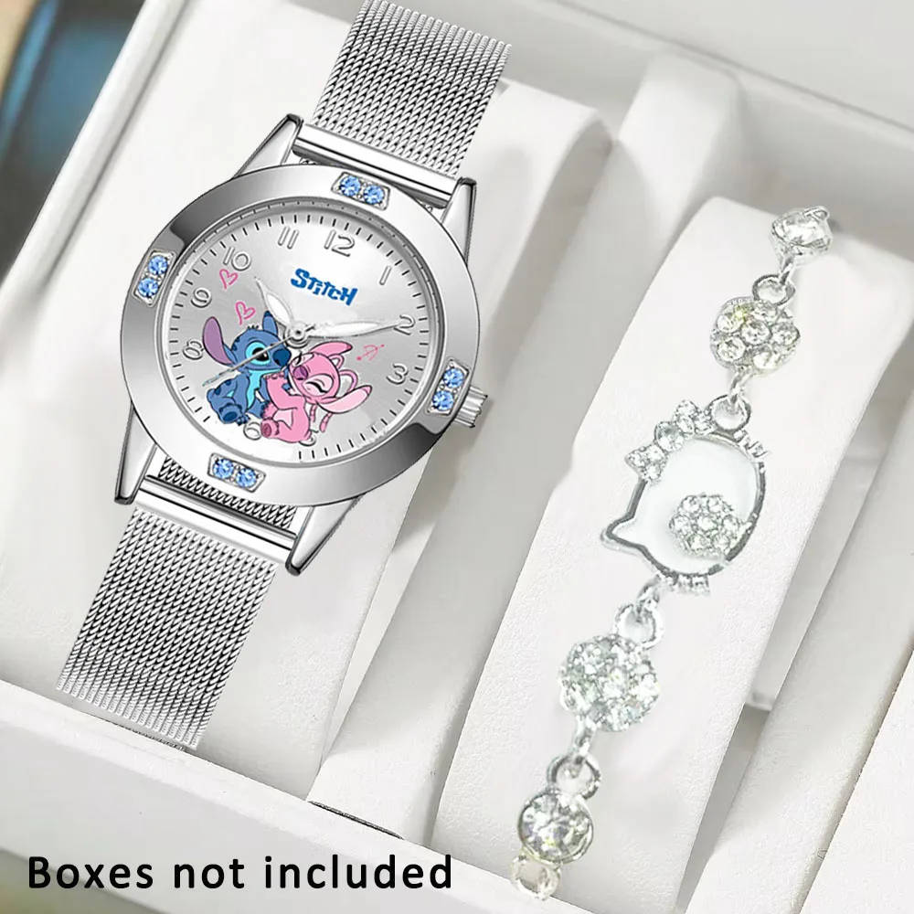 Disney Stitch Cartoon Women Watch Steel Belt High Quality Diamond Quartz Watch Ladies Girl Wristwatch with Hello Kitty Bracelet