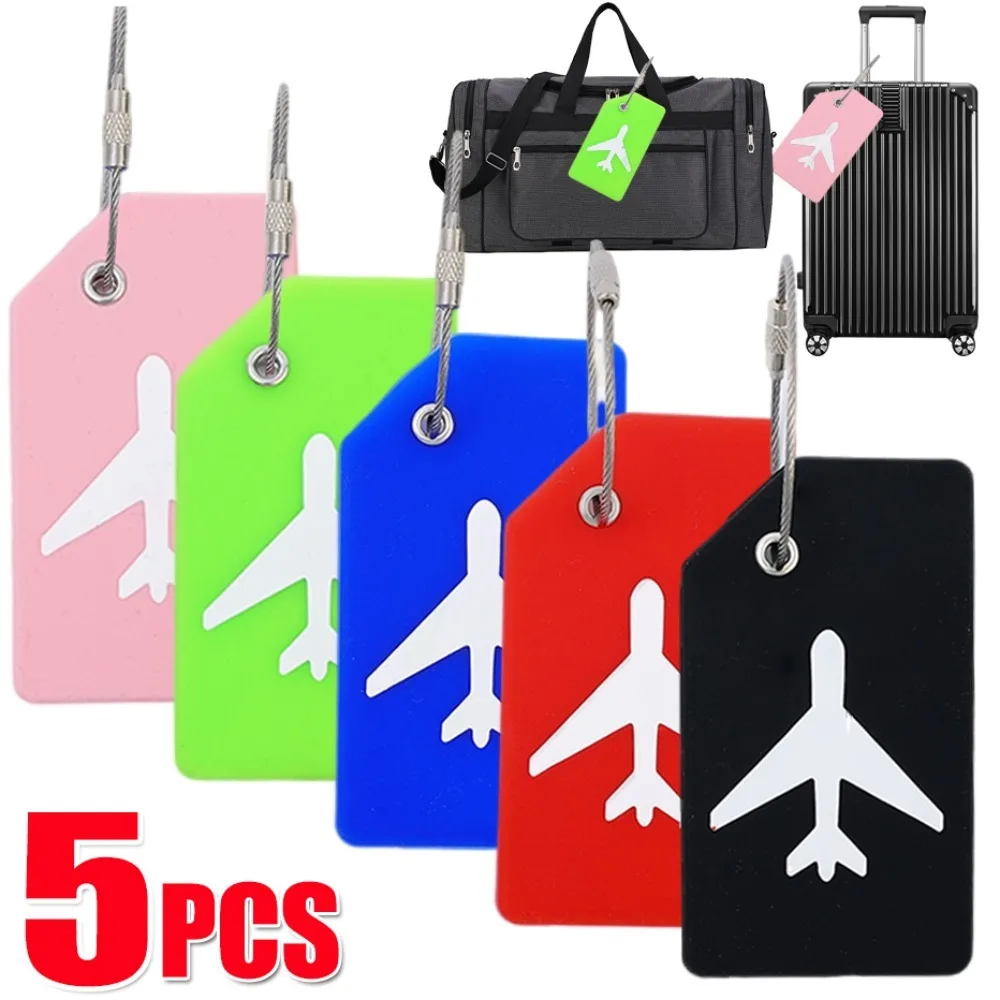 1/5pcs Silicone Luggage Tags for Suitcases Travel Accessories Name ID Card Holder Stainless Steel Loop Baggage Identifier