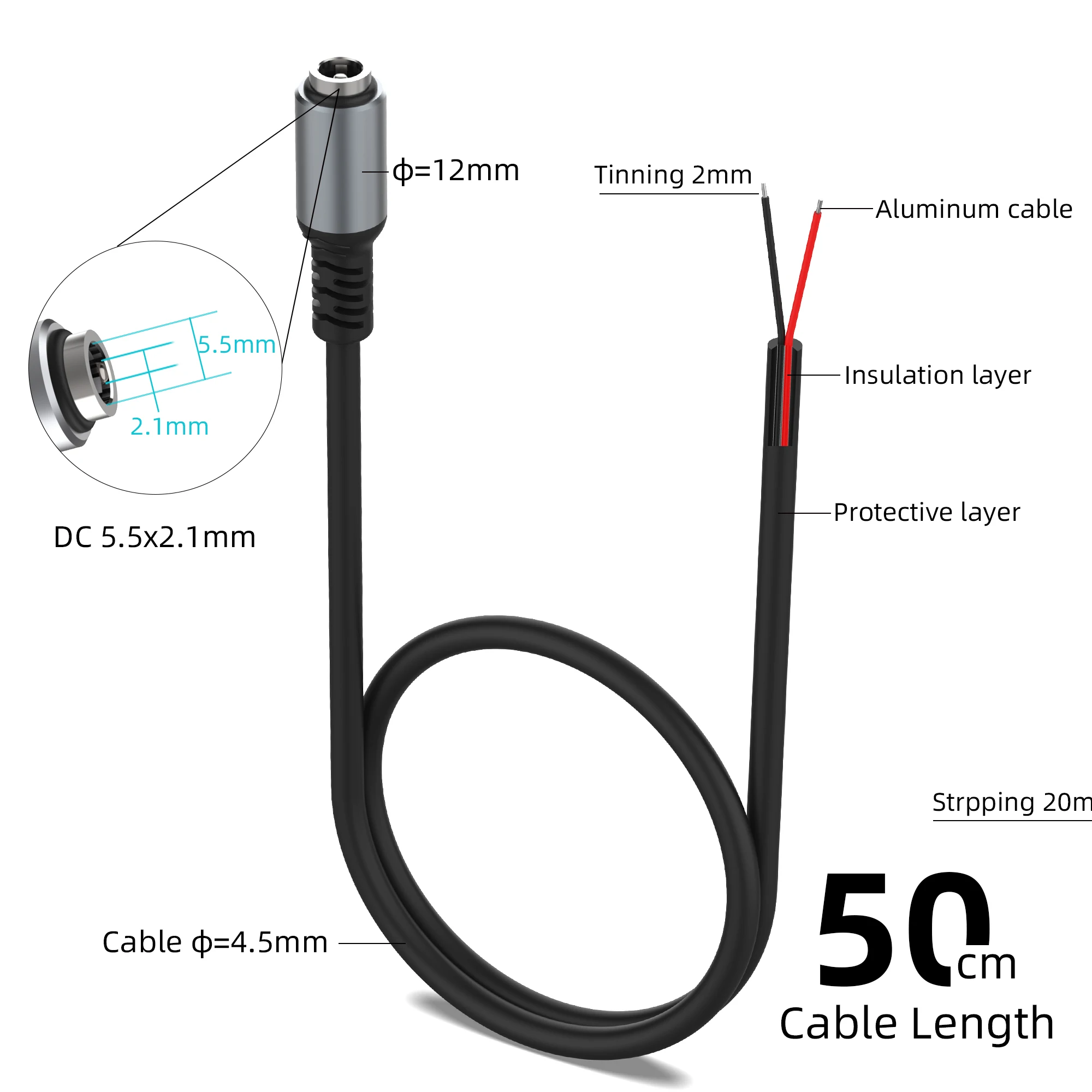 DC 5.5mm x 2.1mm Female/Male head bare wire open cable connector CCTV camera LED light strip DC power cord tail fiber、DIY Cable thumbnail 4