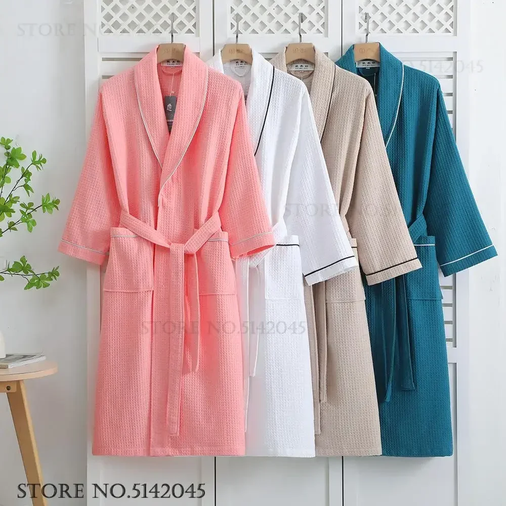 100% Cotton Couple Robe Waffle Bathrobe Gown Kimono Yukata Home Clothes Casual Women Sleepwar Nightwear Spring Summer Loungewear thumbnail 3