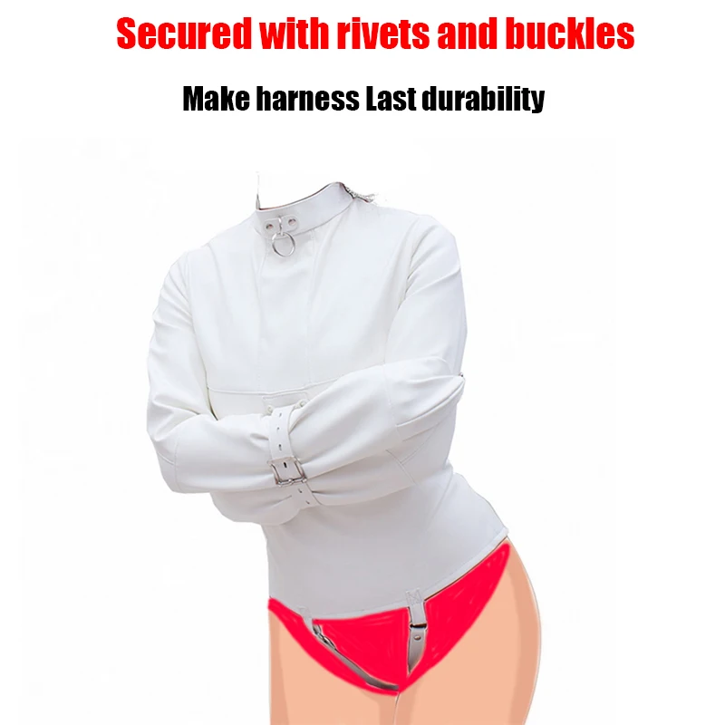 SM Games Bondage Straight Jacket Harness,Slave Role Gimp Costumes Sextoys BDSM Leather Lingerie Straitjacket with Crotch Strap thumbnail 4