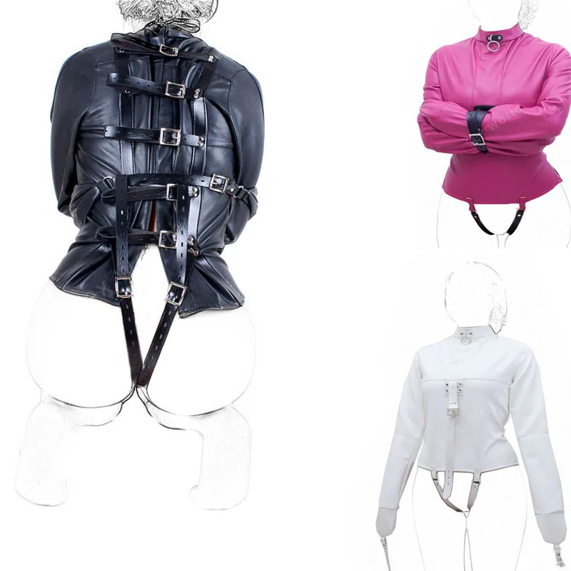 SM Games Bondage Straight Jacket Harness,Slave Role Gimp Costumes Sextoys BDSM Leather Lingerie Straitjacket with Crotch Strap thumbnail 2