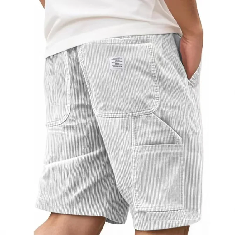 Men's Workwear Shorts Summer Casual Corduroy Loose Elastic Waist Multi-Pocket Leisure Pants Embroidery Retro Style Male Trousers thumbnail 2