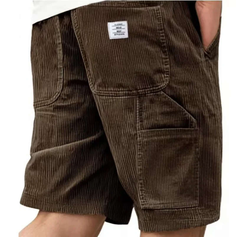 Men's Workwear Shorts Summer Casual Corduroy Loose Elastic Waist Multi-Pocket Leisure Pants Embroidery Retro Style Male Trousers thumbnail 3