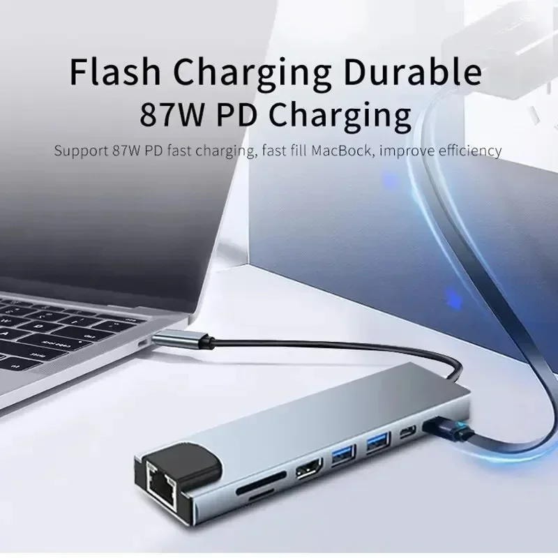 For MacBook Notebook Laptop Computer USB C Hub 8 in 1 Type C 3.1 To 4K HDMI Adapter with RJ45 SD/TF Card Reader PD Fast Charge thumbnail 5