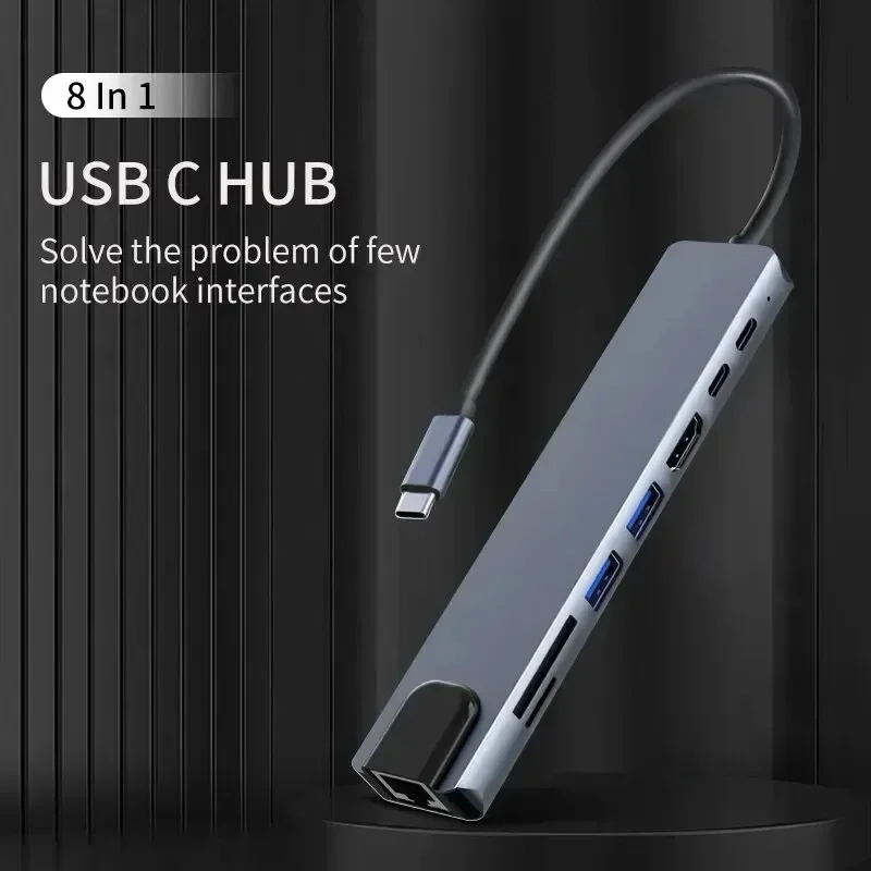 For MacBook Notebook Laptop Computer USB C Hub 8 in 1 Type C 3.1 To 4K HDMI Adapter with RJ45 SD/TF Card Reader PD Fast Charge thumbnail 2