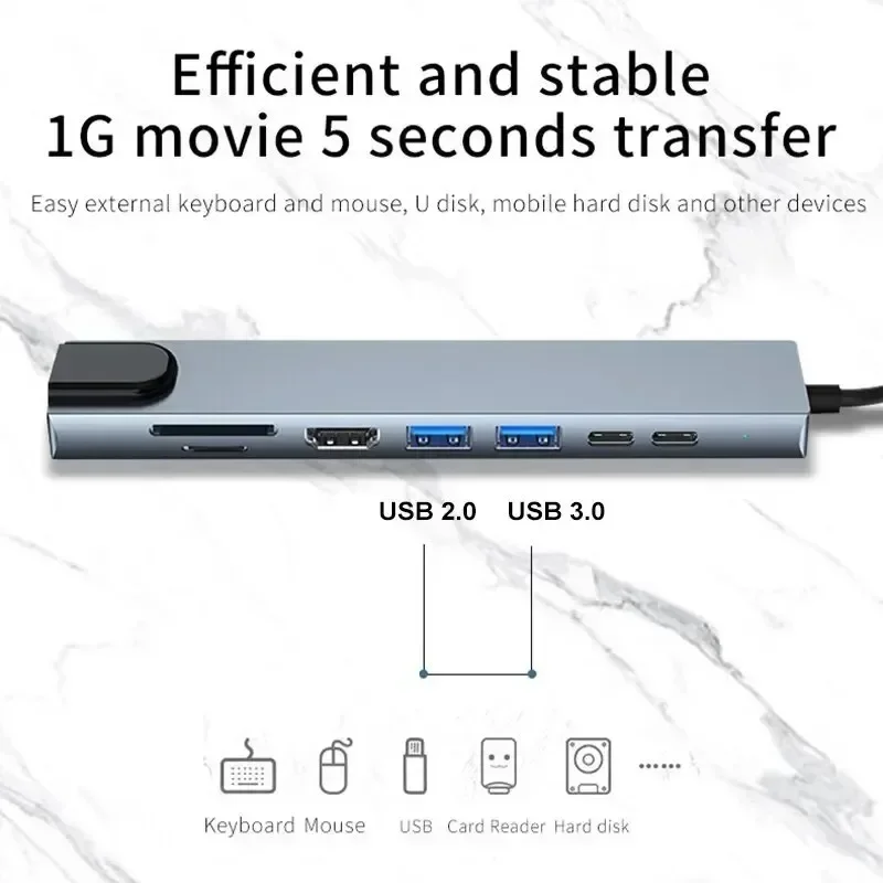 For MacBook Notebook Laptop Computer USB C Hub 8 in 1 Type C 3.1 To 4K HDMI Adapter with RJ45 SD/TF Card Reader PD Fast Charge thumbnail 6