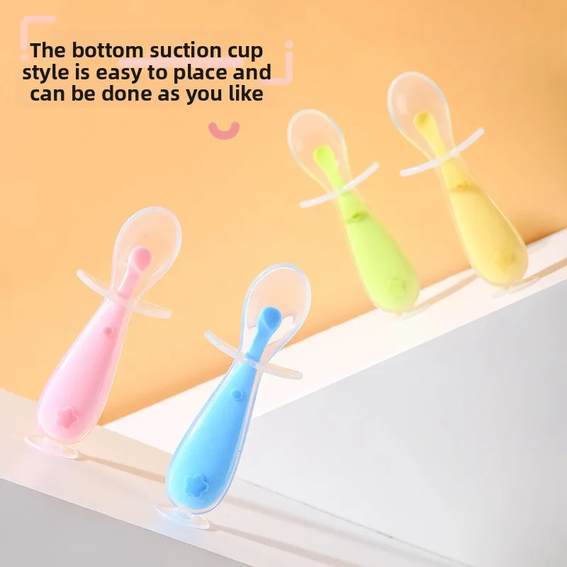 Baby Silicone Spoon, Baby Rice Paste Feeding, Soft Head Soup Spoon, Training Spoon, Children's Shield Silicone Short Spoon thumbnail 4